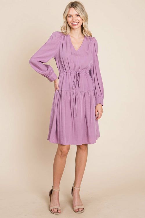 Long Sleeve Tiered Waist String Ruched Dress