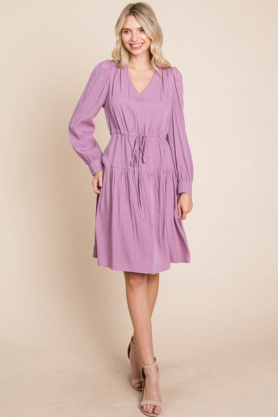 Long Sleeve Tiered Waist String Ruched Dress