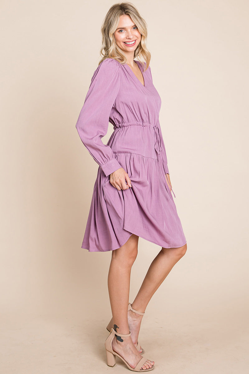 Long Sleeve Tiered Waist String Ruched Dress