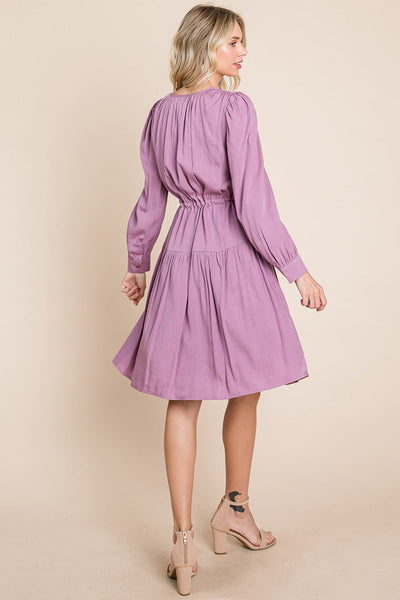 Long Sleeve Tiered Waist String Ruched Dress