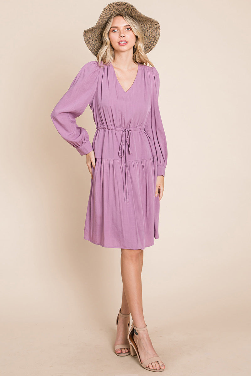 Long Sleeve Tiered Waist String Ruched Dress