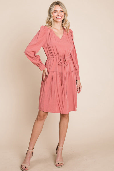 Long Sleeve Tiered Waist String Ruched Dress