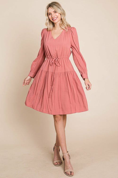 Long Sleeve Tiered Waist String Ruched Dress