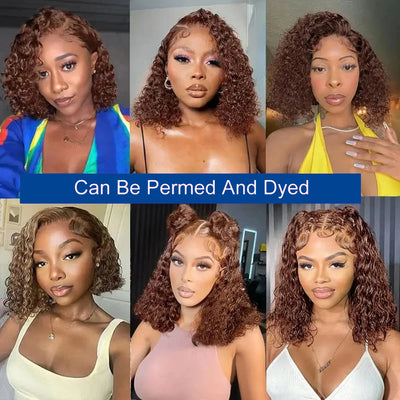 4# Colored Chocolate Brown Deep Curly Bob Wigs Human Hair 13x4