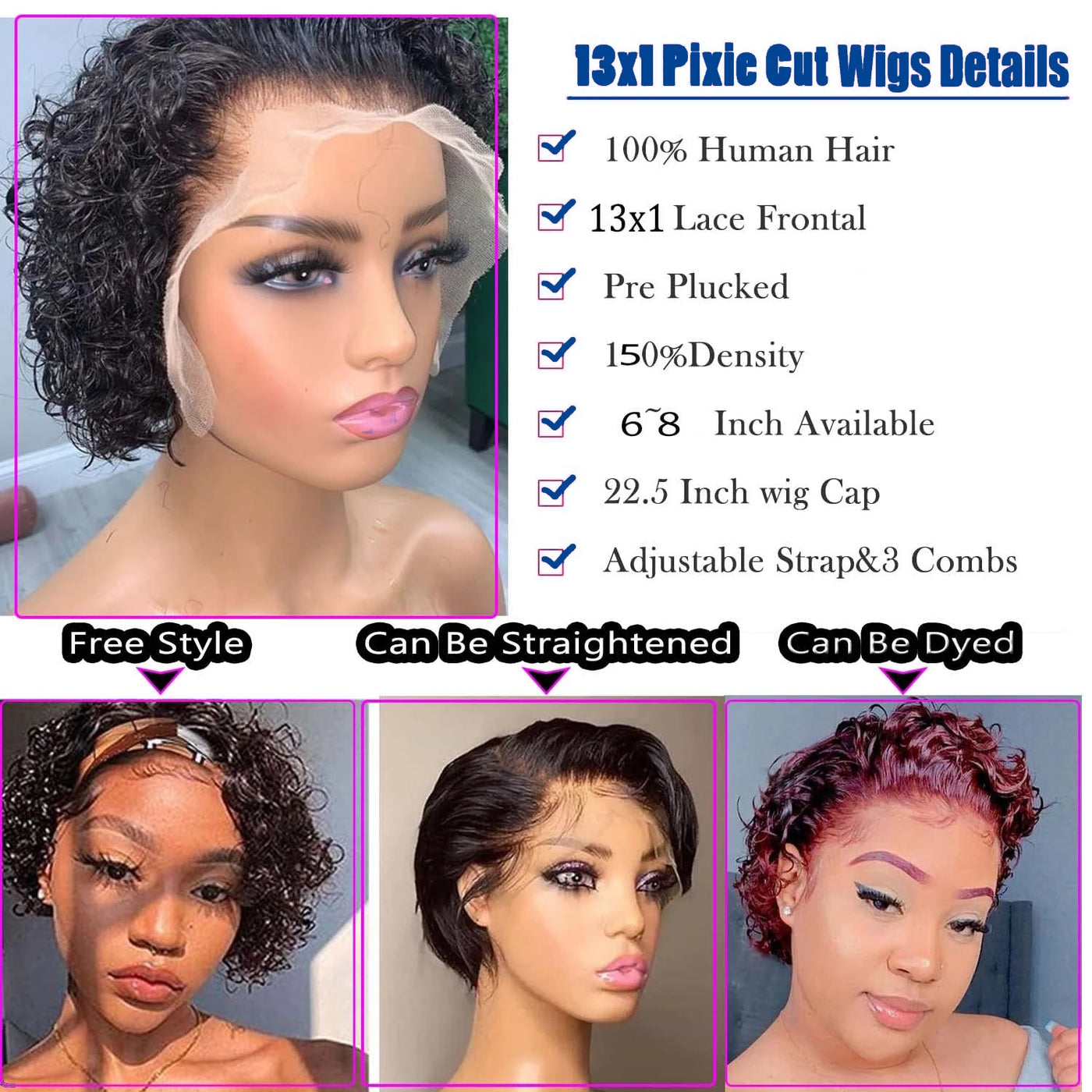 Short Pixie Cut Afro Kinky Curly Wigs Human Hair Brazilian Hair 13x4