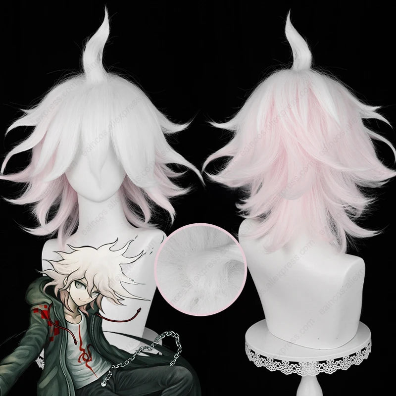 Anime Nagito Komaeda Cosplay Wig 37cm Long Pink White Gradient Wigs