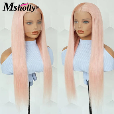 Glueless Pink Straight Wigs Human Hair Preplucked Colored Natural Remy