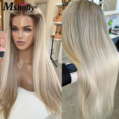 Ombre Ash Blonde Transparent Lace Wigs Human Hair Straight 13x4 Lace