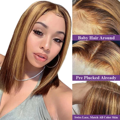 4/27 Highlight Bob Wigs Piano Colored Straight 13x4 Lace Frontal Human