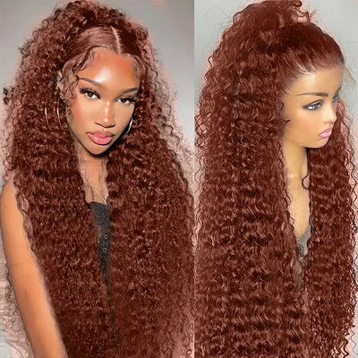 Reddish Brown Deep Wave 13x6 HD Lace Frontal Wig Remy Pre Plucked