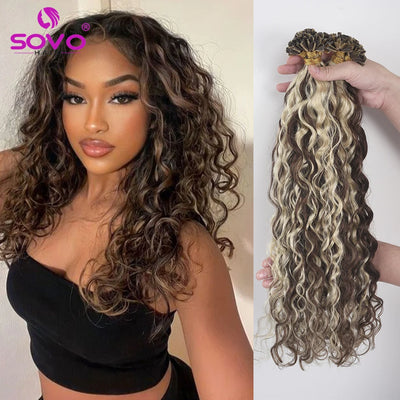 SOVO V Tip Hair Extensions Water Wave Hot Fusion Vtip Ombre Medium