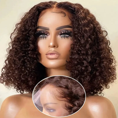 4# Colored Chocolate Brown Deep Curly Bob Wigs Human Hair 13x4