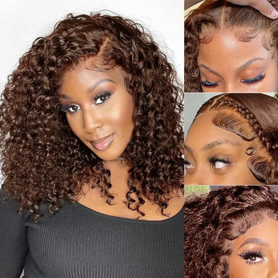 4# Colored Chocolate Brown Deep Curly Bob Wigs Human Hair 13x4