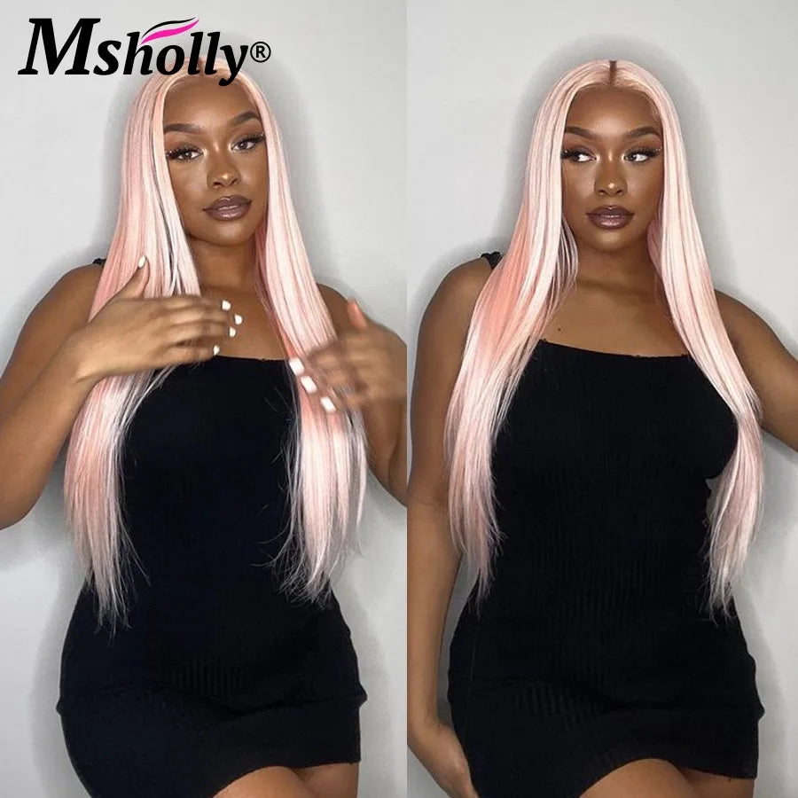 Glueless Pink Straight Wigs Human Hair Preplucked Colored Natural Remy