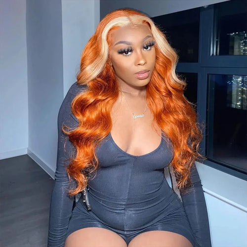 Ginger Orange Wig with Blonde Highlight 13x6 13x4 Transparent Lace