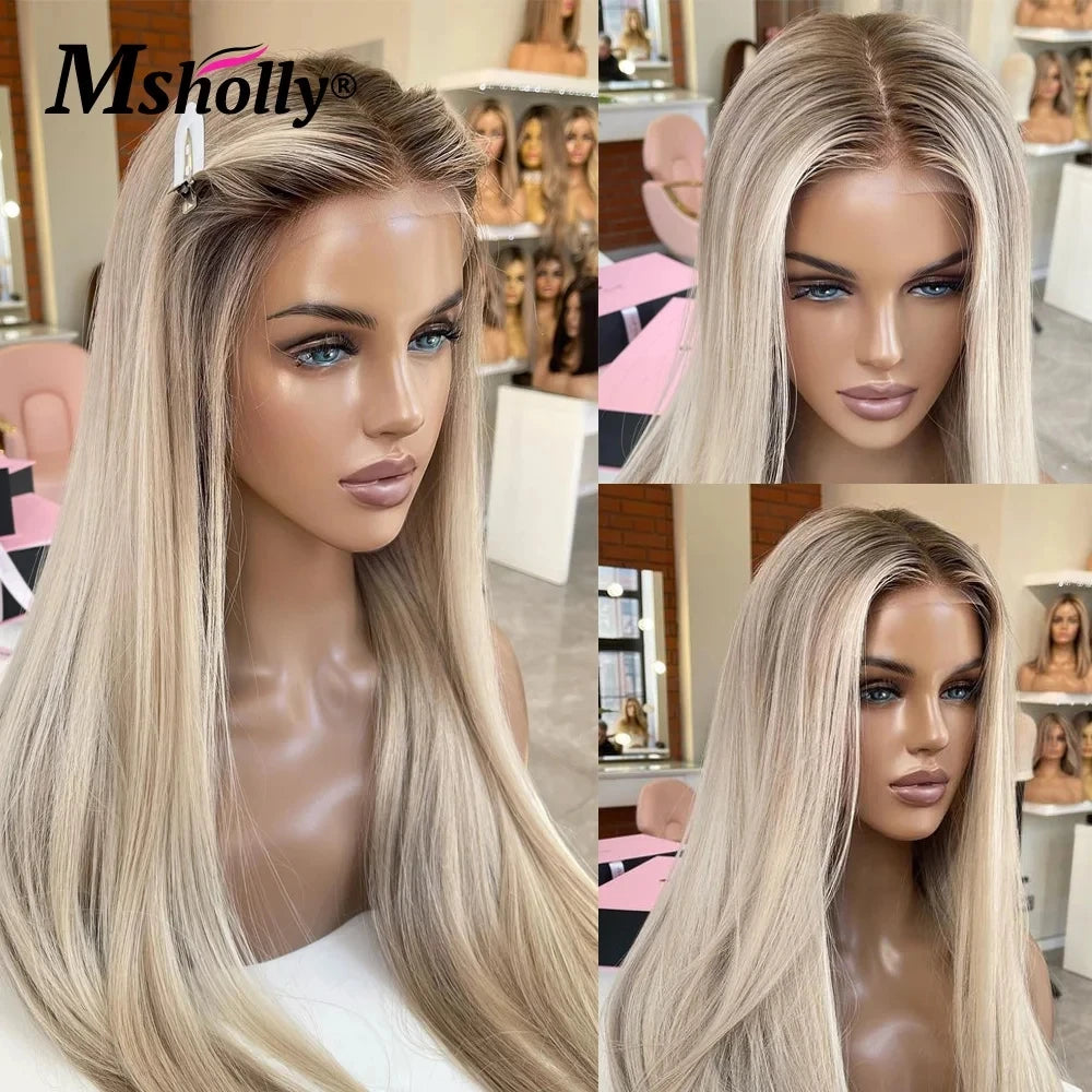 Ombre Ash Blonde Transparent Lace Wigs Human Hair Straight 13x4 Lace