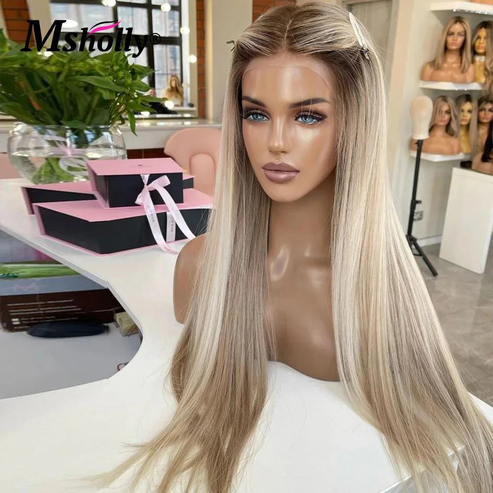 Ombre Ash Blonde Transparent Lace Wigs Human Hair Straight 13x4 Lace