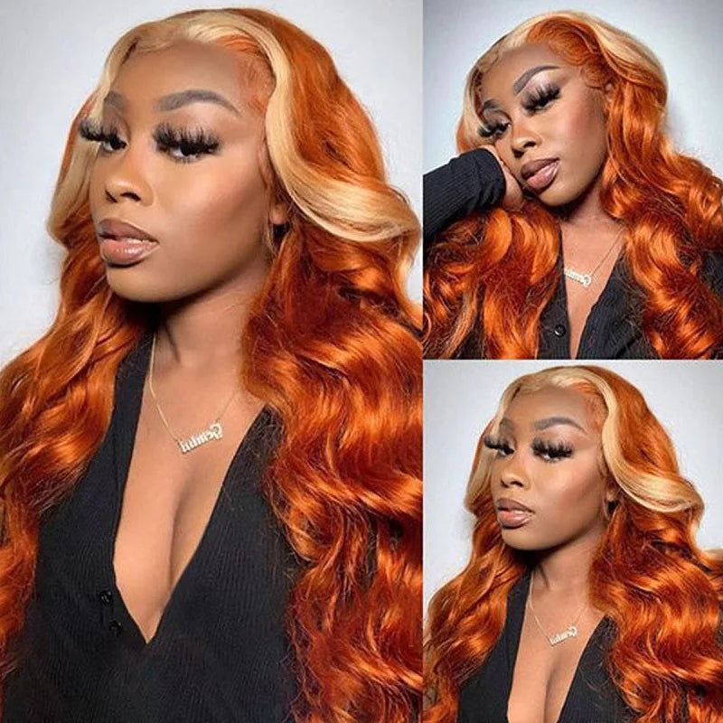 Orange Ginger Wig with 613 Blonde Highlight 13x4 Transparent Lace