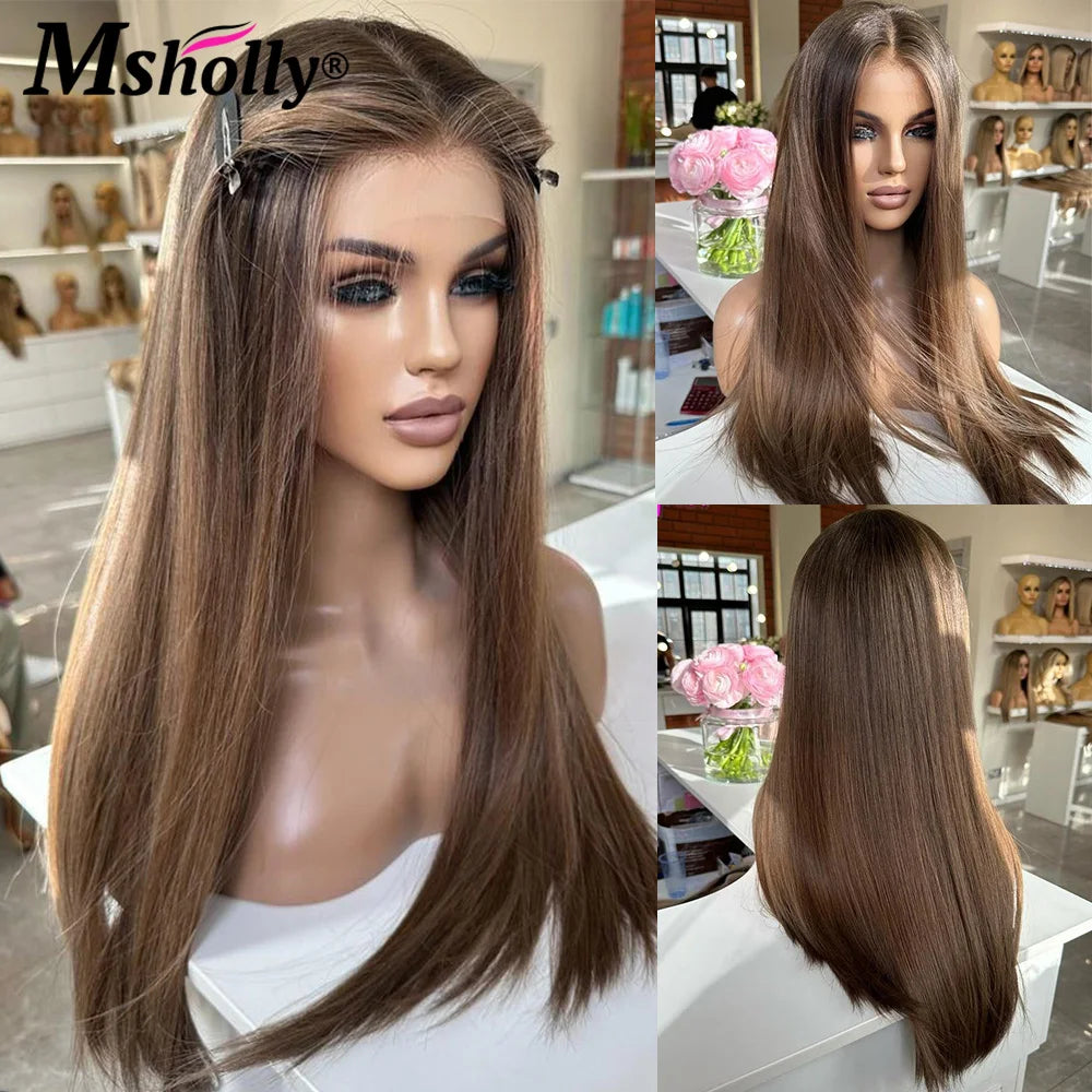 Highlight Chocolate Brown 13x4 Lace Front Wigs Human Hair Bone