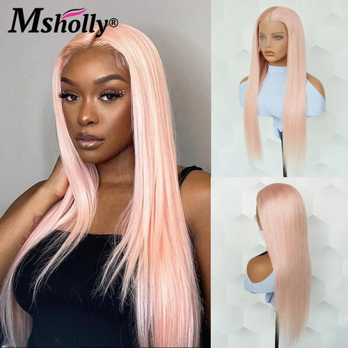 Glueless Pink Straight Wigs Human Hair Preplucked Colored Natural Remy