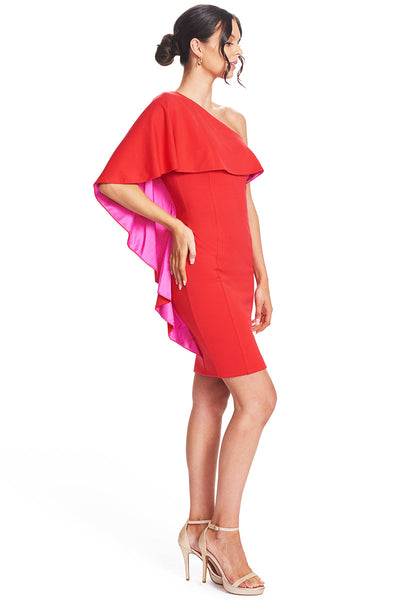 Shero Asymmetric Cape Dress - Ponte body-con dress with contrast satin