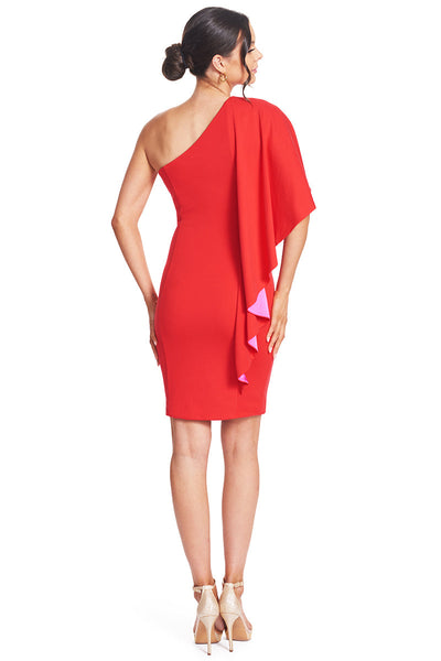 Shero Asymmetric Cape Dress - Ponte body-con dress with contrast satin