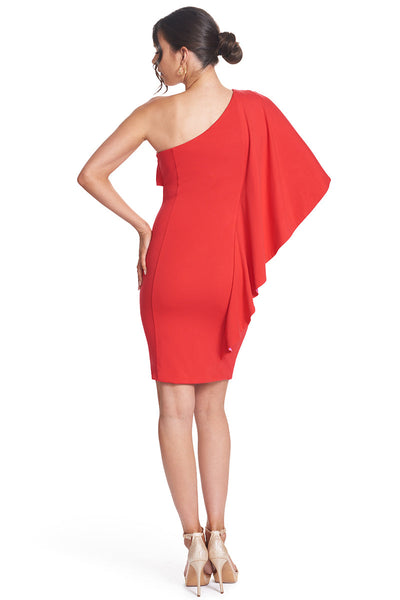 Shero Asymmetric Cape Dress - Ponte body-con dress with contrast satin