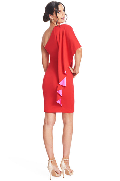 Shero Asymmetric Cape Dress - Ponte body-con dress with contrast satin