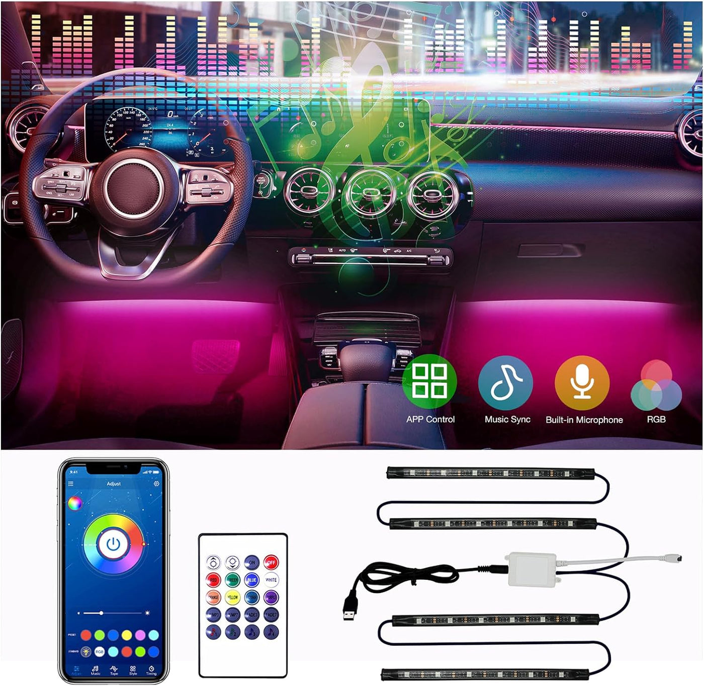 Interior Car Lights, App Control Smart Car LED Lights with DIY Mode and Music Mode, Waterproof LED Interior Lights with 2 Lines Design, RGB under Dash Car LED Lights with Car Charger, DC 12V