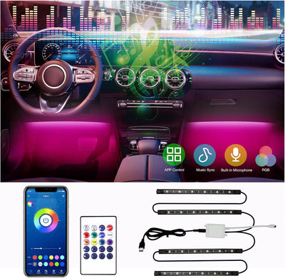 Interior Car Lights, App Control Smart Car LED Lights with DIY Mode and Music Mode, Waterproof LED Interior Lights with 2 Lines Design, RGB under Dash Car LED Lights with Car Charger, DC 12V