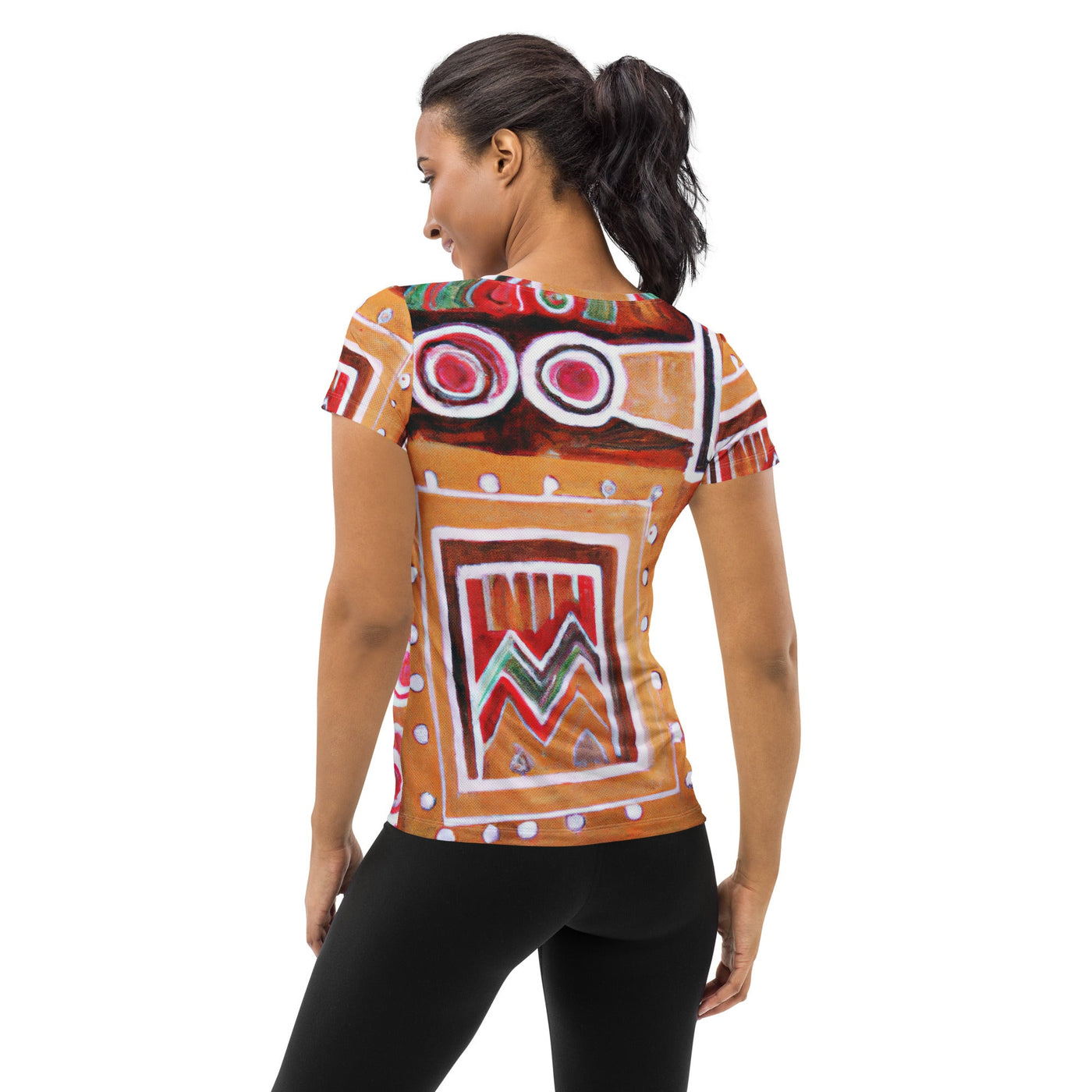 Womens Stretch Fit Athletic Sports T-shirt, Brown Orange Green Aztec