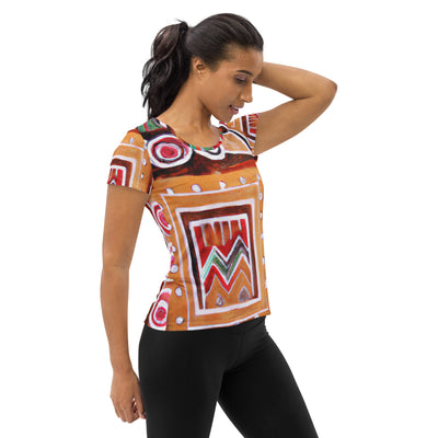 Womens Stretch Fit Athletic Sports T-shirt, Brown Orange Green Aztec