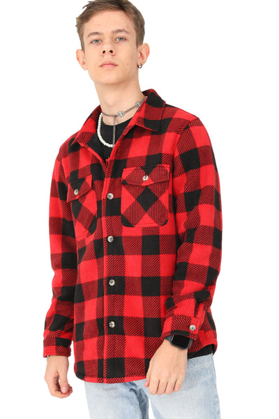 Boys Sherpa Lined Buffalo Plaid Fleece Button Down Shirt Jacket-Kids