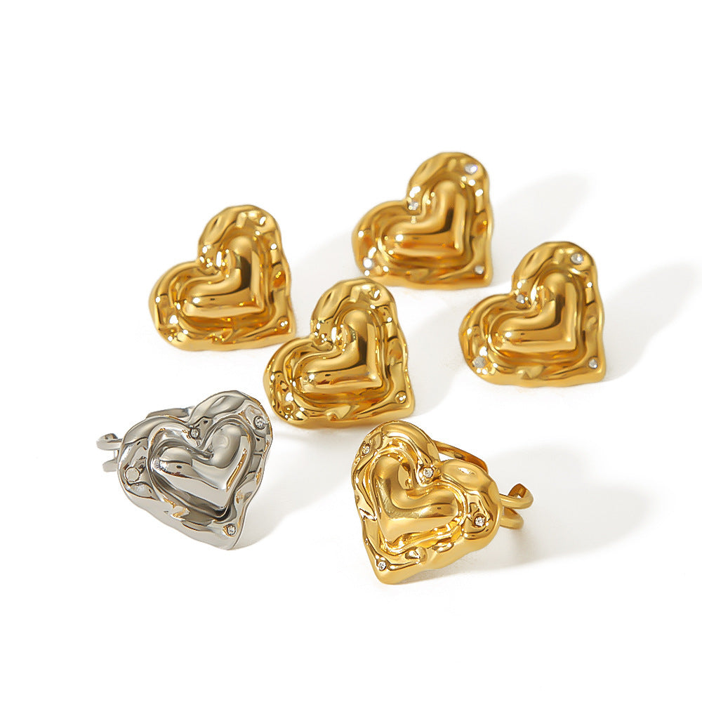 Love Heart-shaped Stainless Steel 18K Gold Does Not Fade Ear Stud And Ring