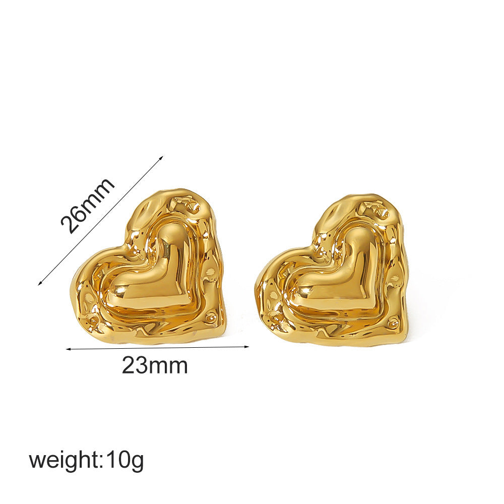 Love Heart-shaped Stainless Steel 18K Gold Does Not Fade Ear Stud And Ring