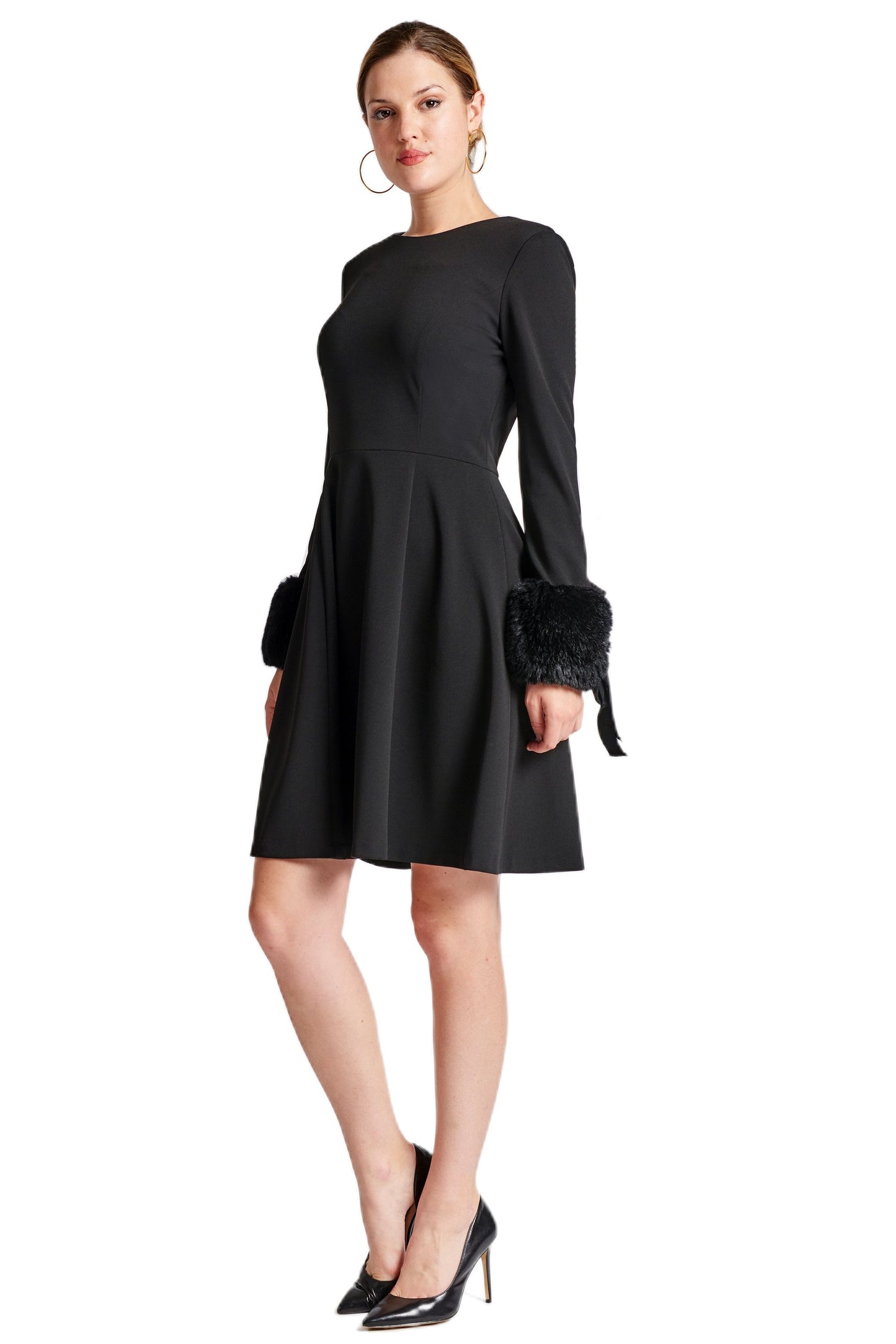 Caroline Dress - Crepe fit & flare dress with faux fur cuffs