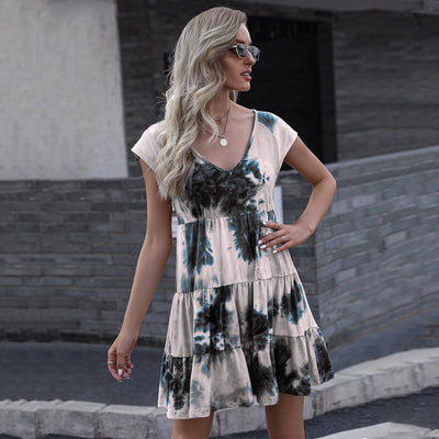 Women's Tie Dye Print Gradient Loose Short Sleeve Dress