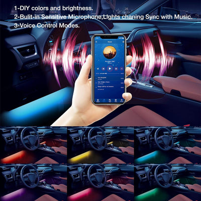 Interior Car Lights, App Control Smart Car LED Lights with DIY Mode and Music Mode, Waterproof LED Interior Lights with 2 Lines Design, RGB under Dash Car LED Lights with Car Charger, DC 12V