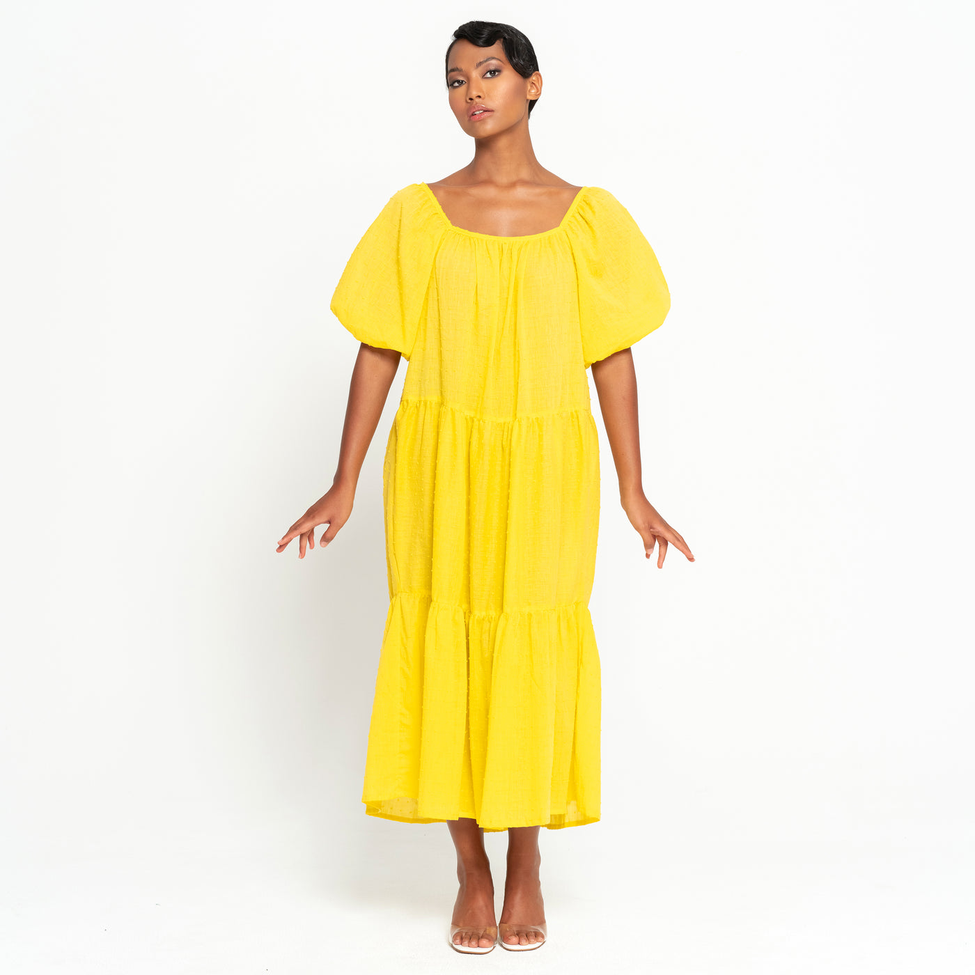 ROSEMARY Dotted Cotton Dress, in Sunflower Yellow