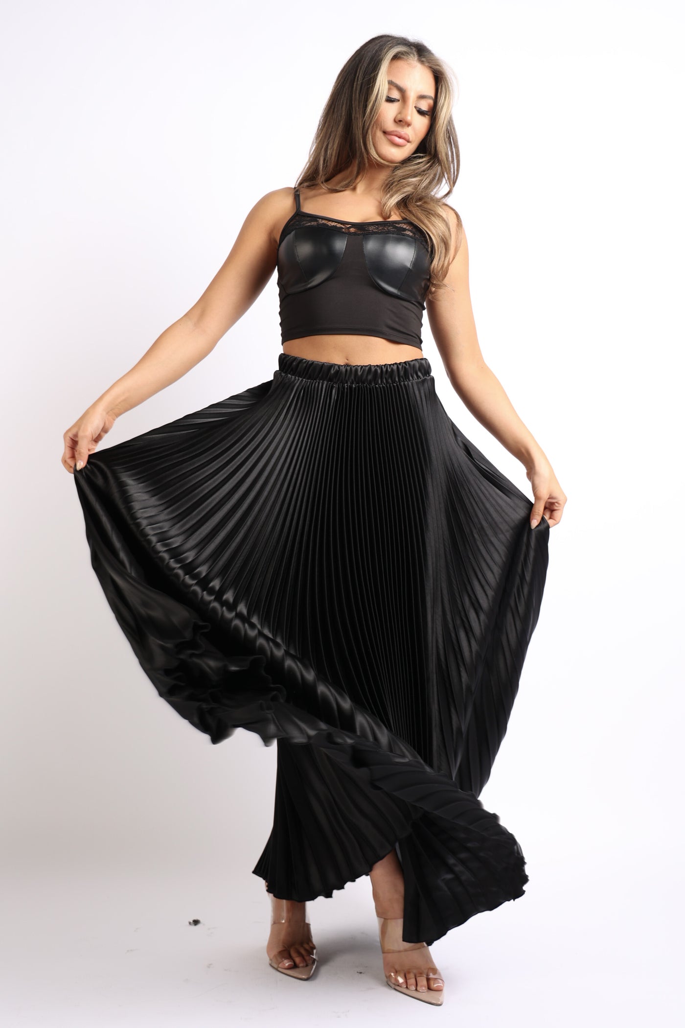 Elastic High Waist A-Line Pleated Satin Maxi Skirt Formal Prom BLACK