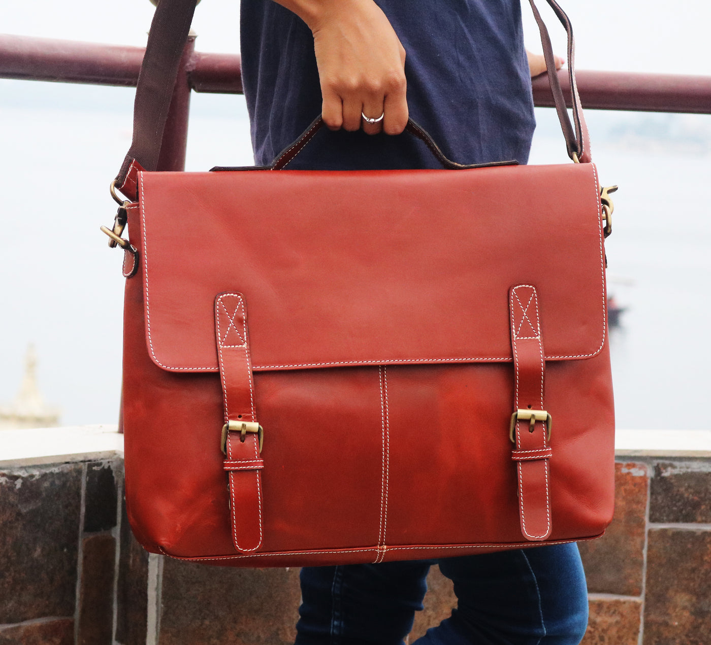 Handmade Orange Handle  Leather Laptop Bag.