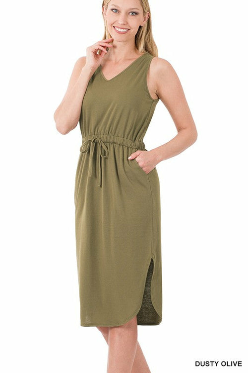 Poly Cotton Drawstring Waist Curved Hem Dress