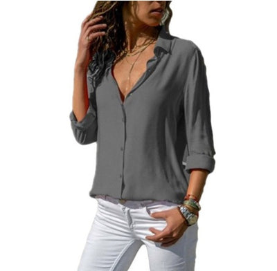 New Women's Solid Color Deep V Button Women's Long Sleeved Shirt