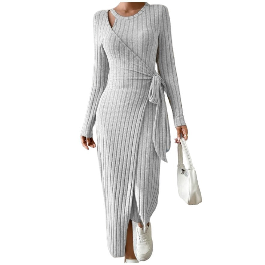 Women's Striped Fashion Round Neck Long Sleeve Narrow Bow Dress