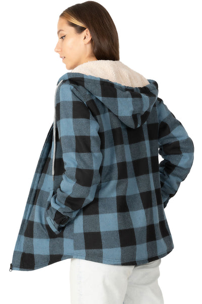 Women's Sherpa-Lined Flannel Jacket Full Zip Up Hooded Plaid Shirt