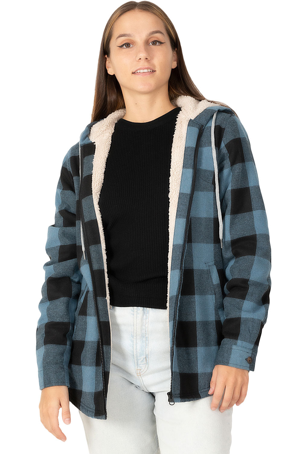 Women's Sherpa-Lined Flannel Jacket Full Zip Up Hooded Plaid Shirt