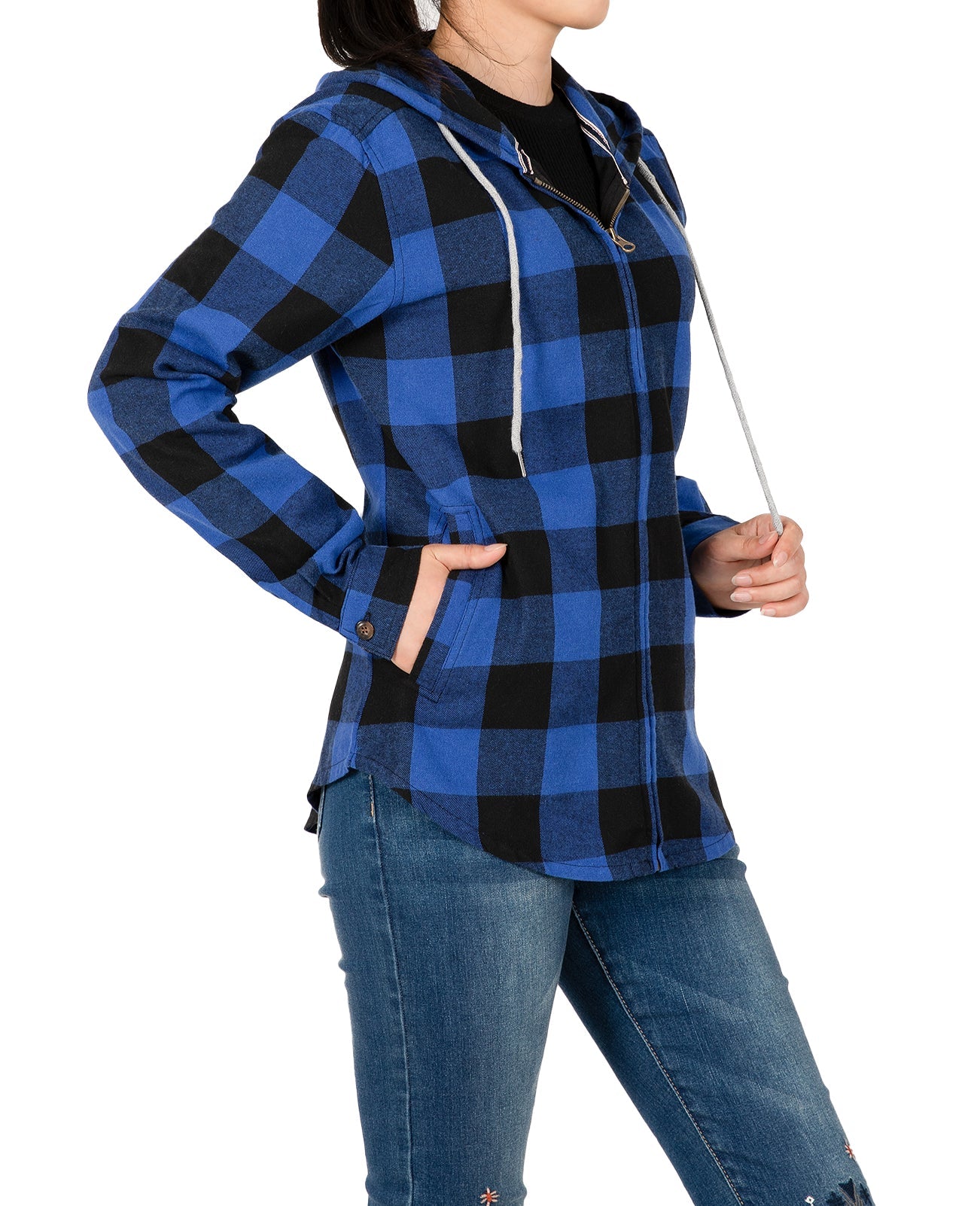 Women's Hooded Plaid Brushed Flannel Shirt,Full Zip Flannel Hoodie