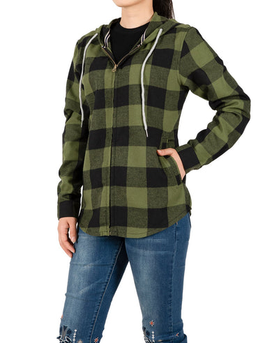 Women's Hooded Plaid Brushed Flannel Shirt,Full Zip Flannel Hoodie