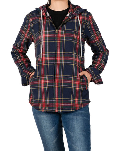 Women's Hooded Plaid Brushed Flannel Shirt,Full Zip Flannel Hoodie