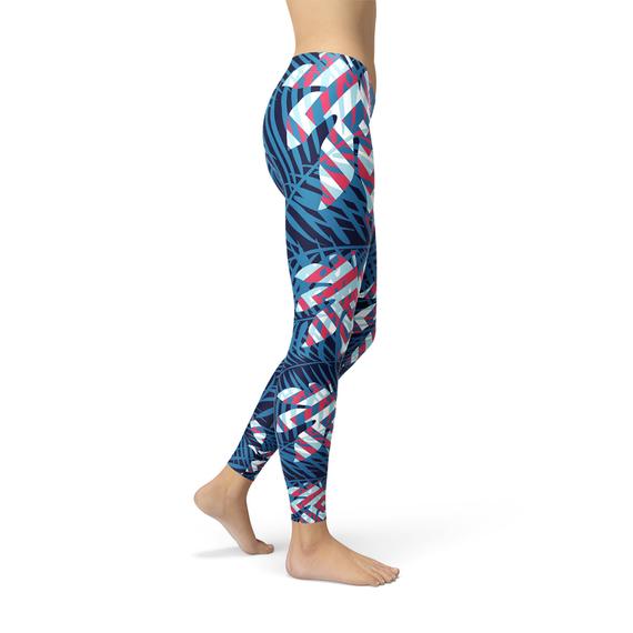 Blue Tropical Leaf Leggings for Women